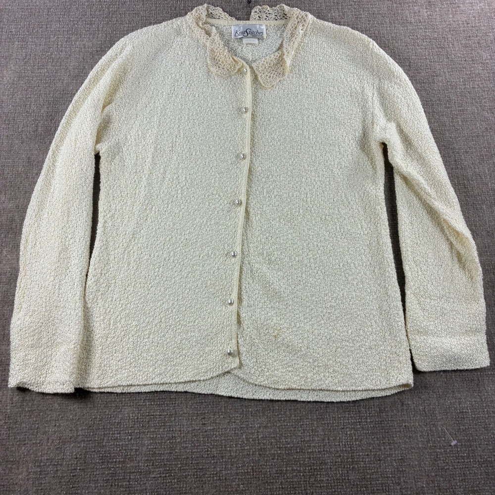Knit Stitches Womens Cream Boucle 2 Piece Set Lace Pearl Collar Cardigan Top USA